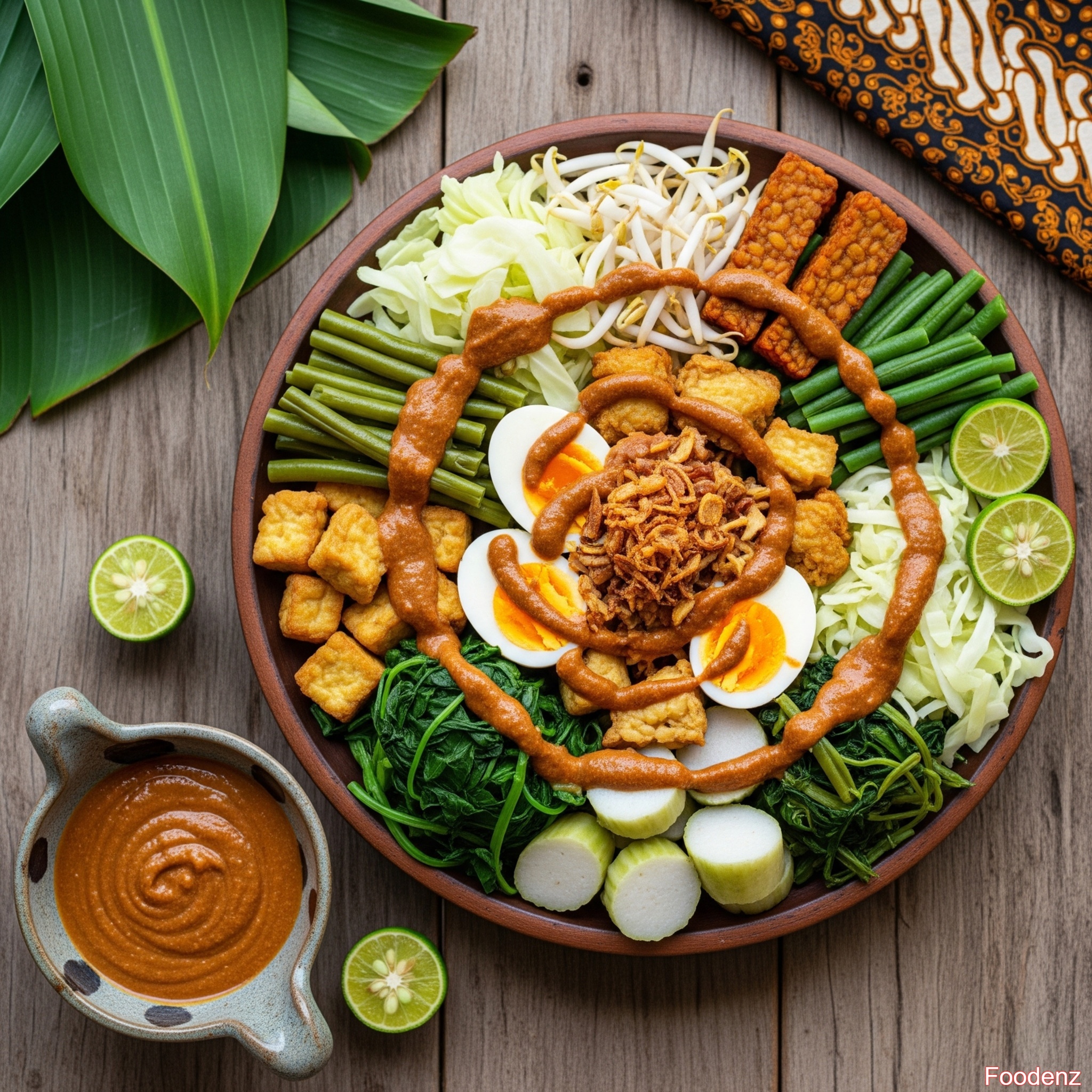 Top-down view of traditional Indonesian Gado-Gado salad with colorful boiled vegetables, tofu, tempeh, eggs, and rice cakes, topped with spicy peanut sauce and served with garnishes on a rustic wooden table