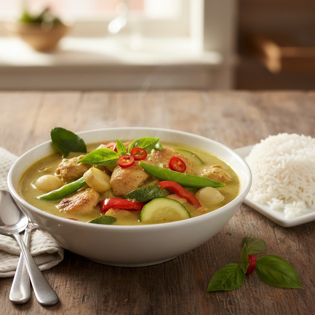 A bowl of Thai green curry with vegetables, chicken, and coconut sauce, garnished with Thai basil.